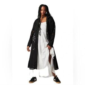 Free People Susanna Eyelet Lace Long Length Black Oversized Duster Coat Size XS